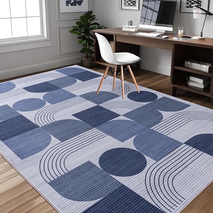 Large Machine Washable 4x6 Area Rug, Soft Modern Geometric Abstract Blue Rugs for Bedroom Living Room, Non-Shedding Faux Wool Indoor Throw Floor Carpet for Office Entryway Dining Room Decor