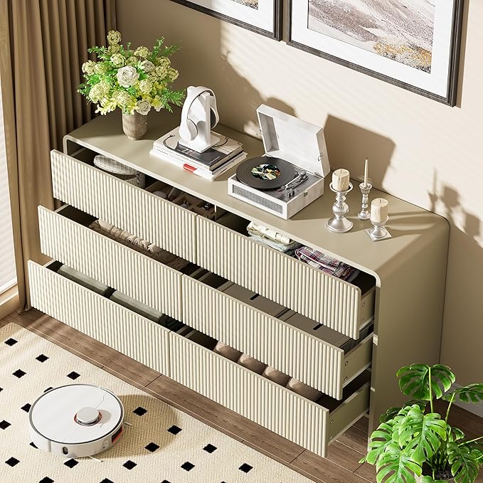 Beige 6 Drawer Dresser, 55" Wide Wood Chest of Drawers with Curved Design, Modern Fluted Dresser with Push-to-Open Storage for Bedroom