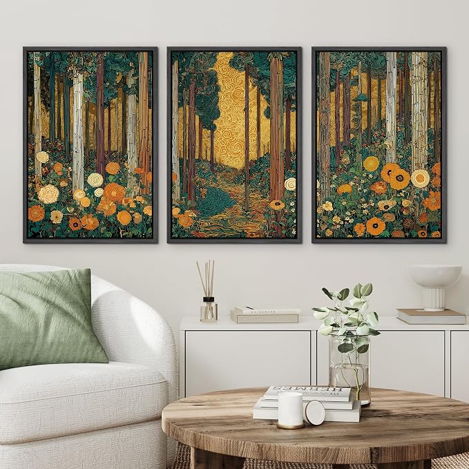 wall26 Framed Print Wall Art Set Klimt Style Sunlit Forest Vibrant Green and Gold Floral WoodlandDecorative Minimal Relax/Zen for Living Room, Bedroom, Office - 16"x24"x3 BLACK