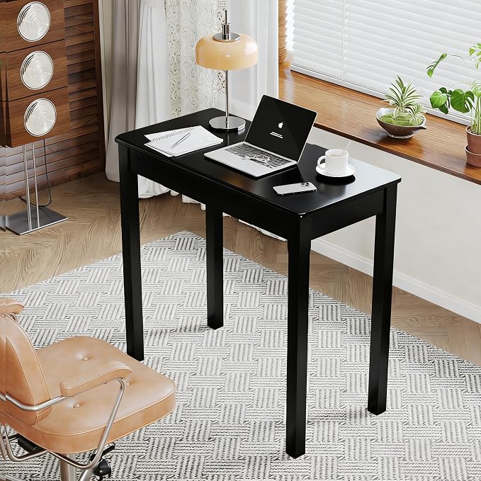 Solid Wood Desk with Drawers - 32 x 16 Inch Simple Narrow Desks, Rubber Wood Study Table, Small Writing Desk for Bedroom|Small Spaces - Modern Black Desks