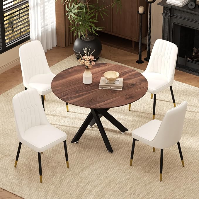 RGZ Mid Century Walnut Round Dining Table Set for 4, 36" Small Wooden Circle Kitchen Table & 4 White PU Leather Kitchen Chairs, Dinner Table Set for Home, Apartment, Dining Room