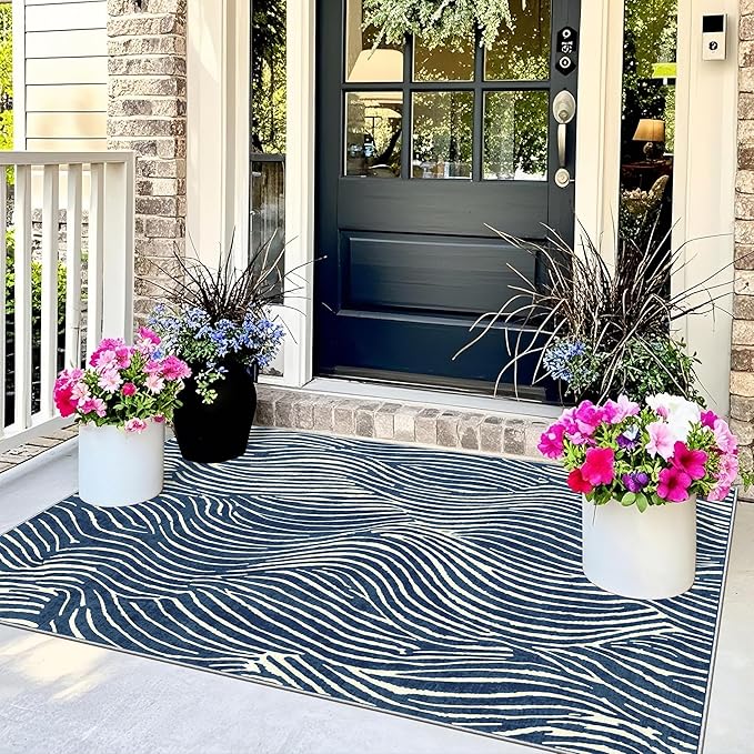 3x5 Modern Entry Rug - Small Washable Indoor Outdoor Mats for Front Door Non-Slip Porch Rug Blue White Ocean Wave Striped Throw Rugs for Living Room Bedroom Entryway Kitchen Office Porch Decor