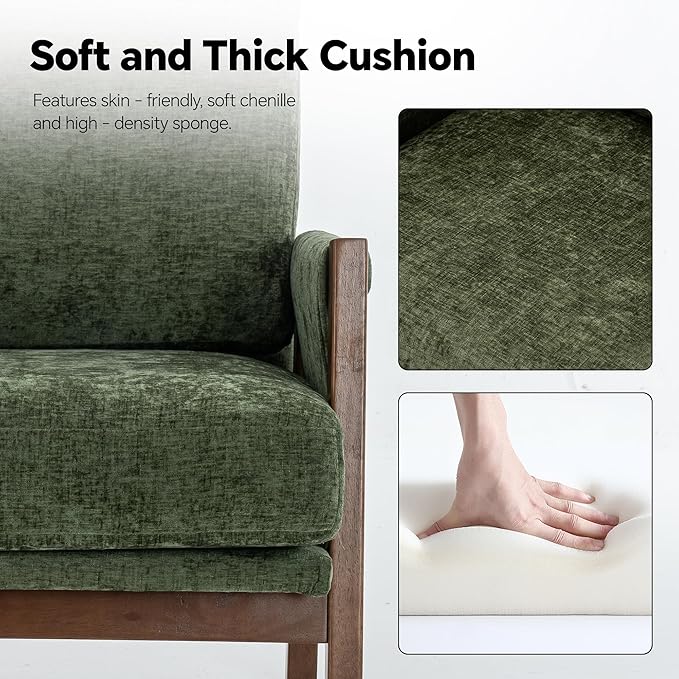 Mid Century Modern Accent Chair with Wood Frame, Upholstered Living Room Chairs with Wide Armrest, Chenille Fabric Comfy Arm Chair for Bedroom, Reading Room, Balcony (2, Green)