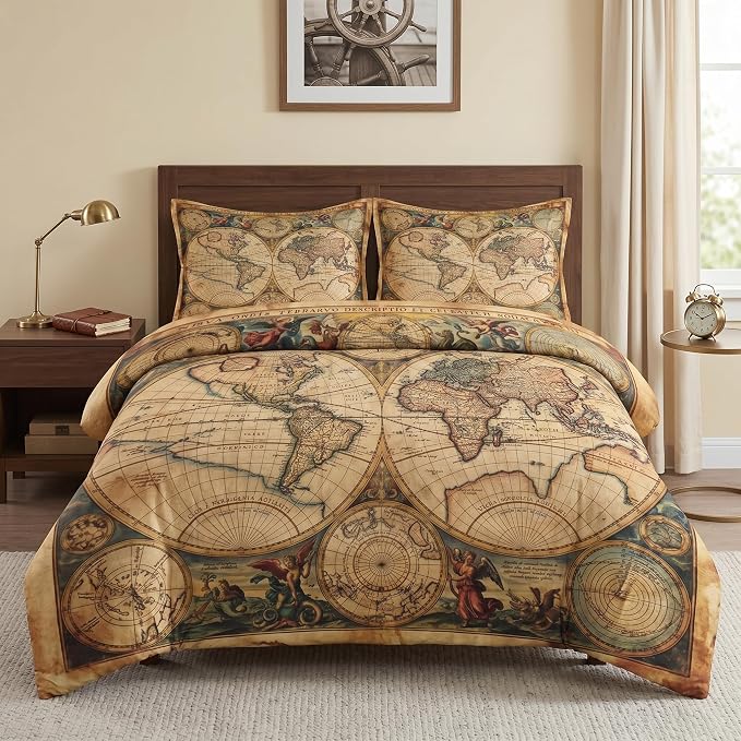 Pamnest Comforter Set King Size, Vintage World Map Soft 3 Pcs Bedding for Kids and Adults, Old Ancient America Comforter Set with 2 Pillowcases for Bedroom Bed Decor