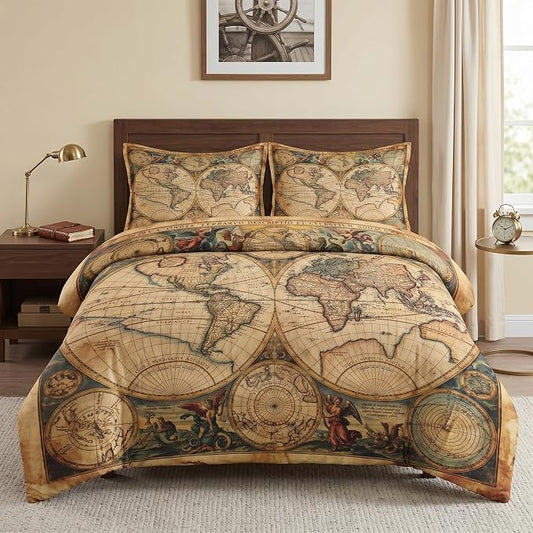 Pamnest Comforter Set King Size, Vintage World Map Soft 3 Pcs Bedding for Kids and Adults, Old Ancient America Comforter Set with 2 Pillowcases for Bedroom Bed Decor