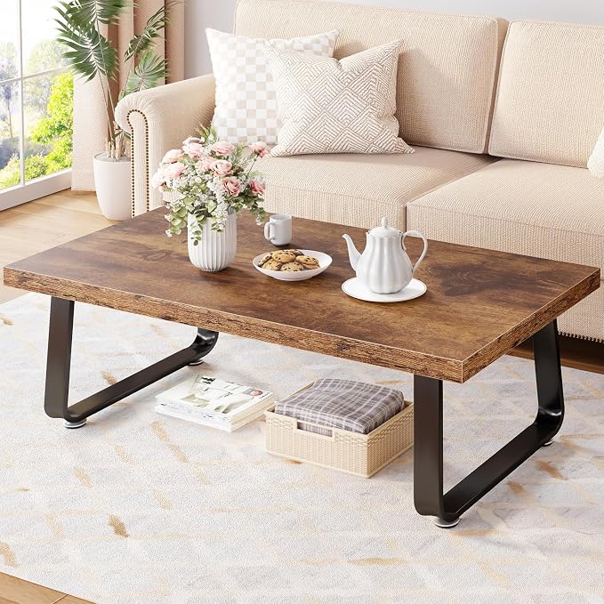 HSH Rustic Coffee Table, Industrial Wood and Metal Center Table, Farmhouse Minimalist Oak Coffee Table for Living Room, Modern Rectangular Wooden Tea&Coffee Table for Bedroom Home, Rustic Brown, 39 In