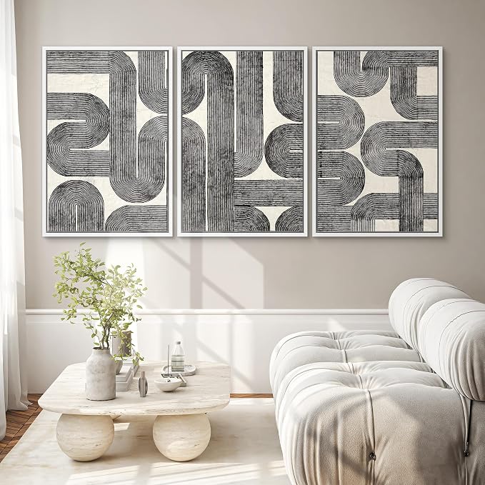 SIGNWIN Framed Canvas Print Wall Art Set Black and White Geometric Line Abstract Illustrations Modern Art Decorative Chic Calm/Zen for Living Room, Bedroom, Office - 24"x36"x3 WHITE