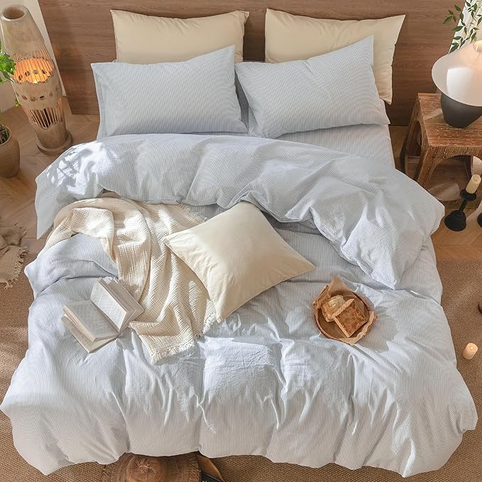 MooMee Striped Duvet Cover Set 100% Washed Cotton Linen Like Textured Breathable Durable Soft Comfy (Cornflower Blue White Pinstripes, Super King Plus 120"x120")