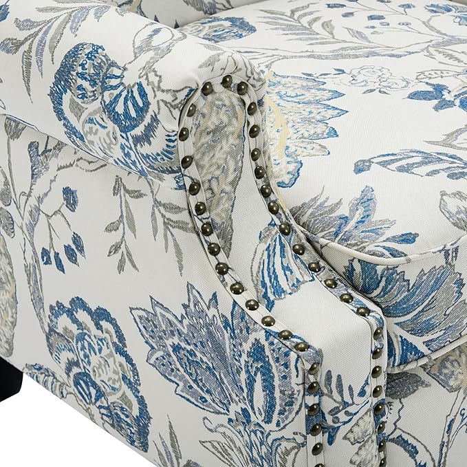 Pia Ricco Set of 2 Floral Accent Chairs, High Back Upholstered Armchairs with Retro Wingback Design, Nailhead Trim & Solid Wood Legs for Living Room Bedroom(Plants Blue)