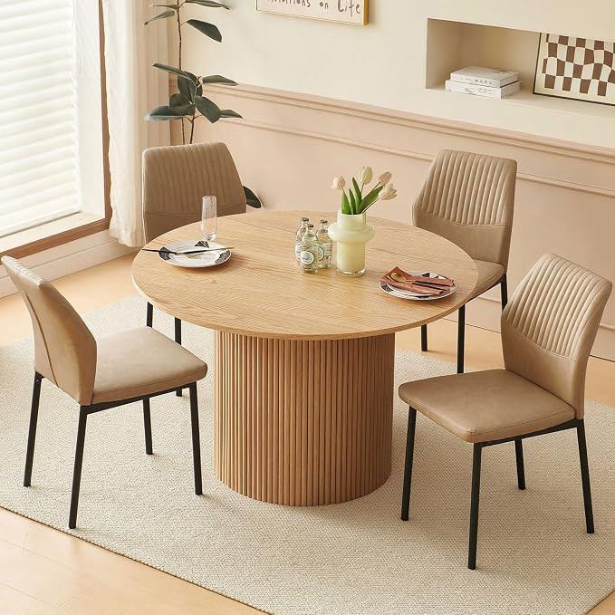 Dining Table Set for 4, 47" Wooden Round Kitchen Table with PU Leather Chairs for Kitchen Room and Small Spaces(Oak Table + 4 Beige Chairs)