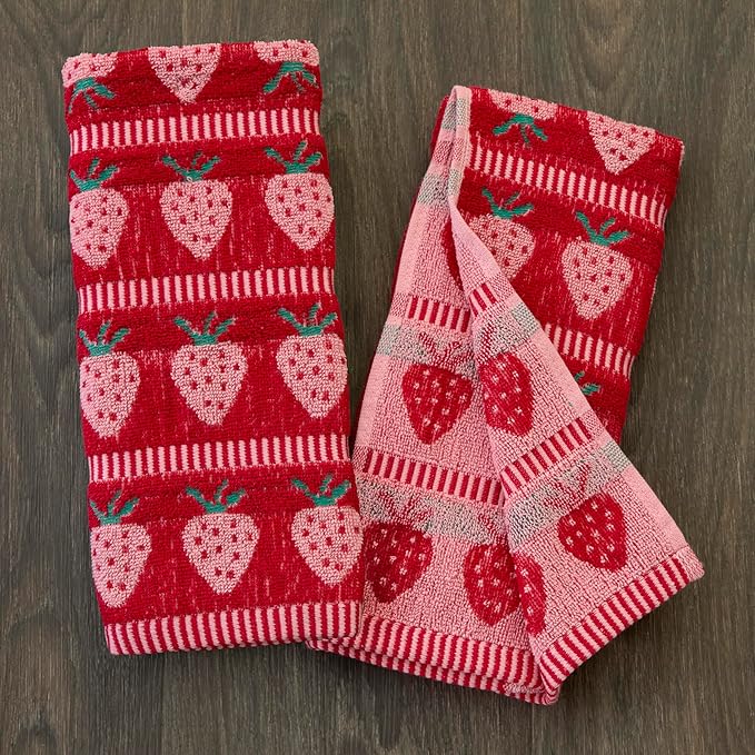 SKL Home Strawberry Jacquard 100% Cotton 2pc Hand Towel Set, Reversible & Decorative for Bath/Kitchen/Bar & Gift, Red