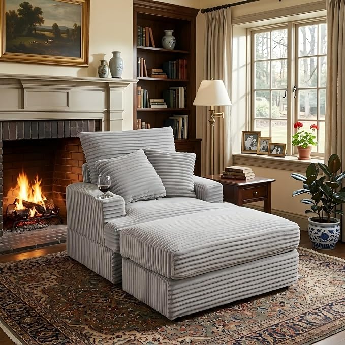 Eafurn 39" Corduroy Modular Accent Chair with Movable Ottoman, Comfy Living Room Armchair with Cup Holder, Soft Upholstered Wide Single Lounge Chaise Chair for Bedroom, Office or Reading Nook