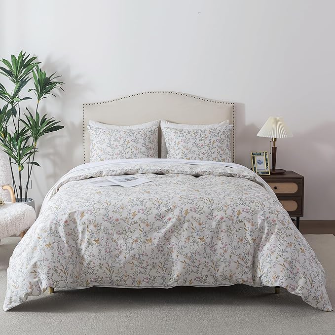 HoneiLife Wildflower Duvet Cover Queen - 100% Cotton Comforter Cover Sets, 3-PC Comfortable Floral Duvet Cover Sets, Botanical Duvet Cover with Zipper Closure & Corner Ties, Lively Spring