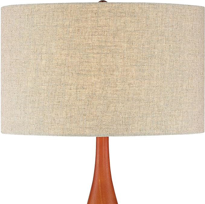 360 Lighting Rocco Mid Century Modern Table Lamp 30" Tall White Wave Geometric Ceramic Oak Wooden Neck Tan Fabric Drum Shade for Cottage Core Living Room Bedroom House Bedside Nightstand Home Office