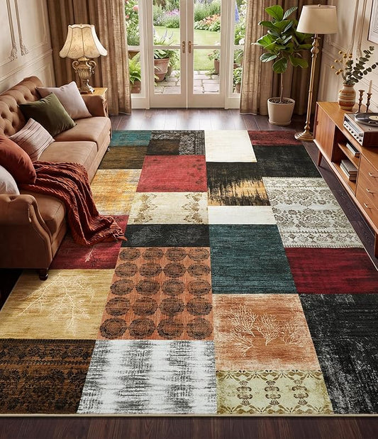 YIHOUSE Mid Century Modern Vintage Cowboy Area Rug 8x10 for Living Room,Retro Patchwork Rug Non Slip,Red and Brown Floral Farmhouse Rugs Washable, Geometric Boho Rugs for Kitchen,Dining Room,Bedroom