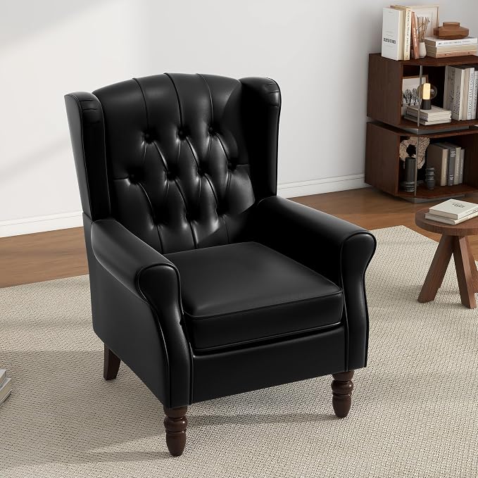 Faux Leather Accent Chair, High Back Wingback Chair Upholstered Armchair for Living Room, Comfy Single Sofa Bedroom Reading Seat with Solid Wood Legs - Black