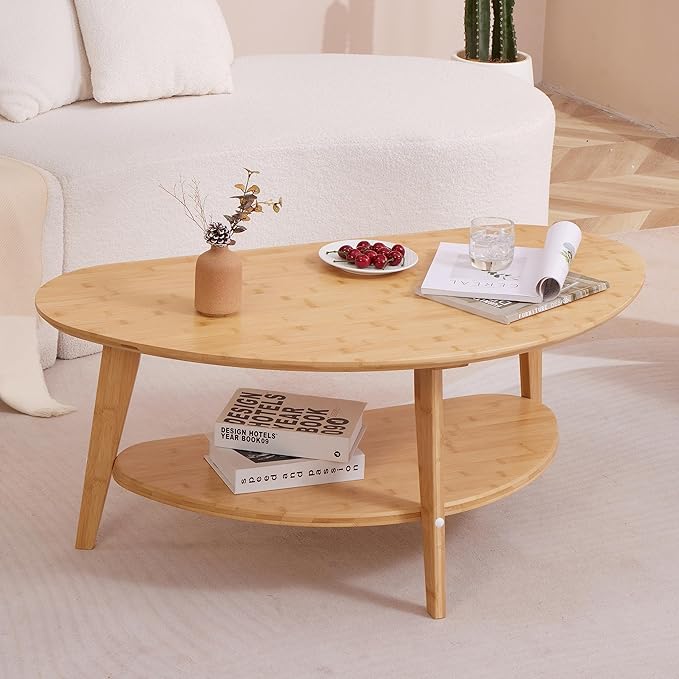 NAVREX Coffee Table, Mid Century Modern Oval Coffee Tables for Living Room, 100% Solid Wood, FSC Certifiled 40.2"*22" Round Center Table, Value Lies in Material, Easy Assembly