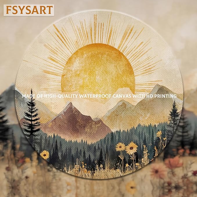 Framed Vintage Sunrise Mountain Landscape Wall Art, Golden Sunburst Meadow Forest Canvas Print, Retro Wildflower Nature Artwork, Rustic Boho Wall Decor for Living Room Bedroom Office 8x10in