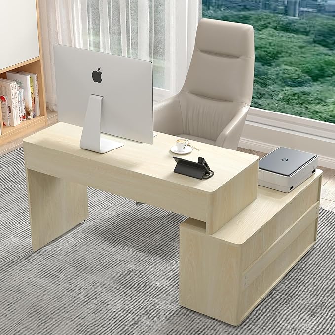 Modern Computer PC Desk Table with Storage, Corner L Shaped Desk with Drawers, Home Office Desk for Bedroom and Small Space, for Writing, Executive, Study, Work, Vanity - Natural