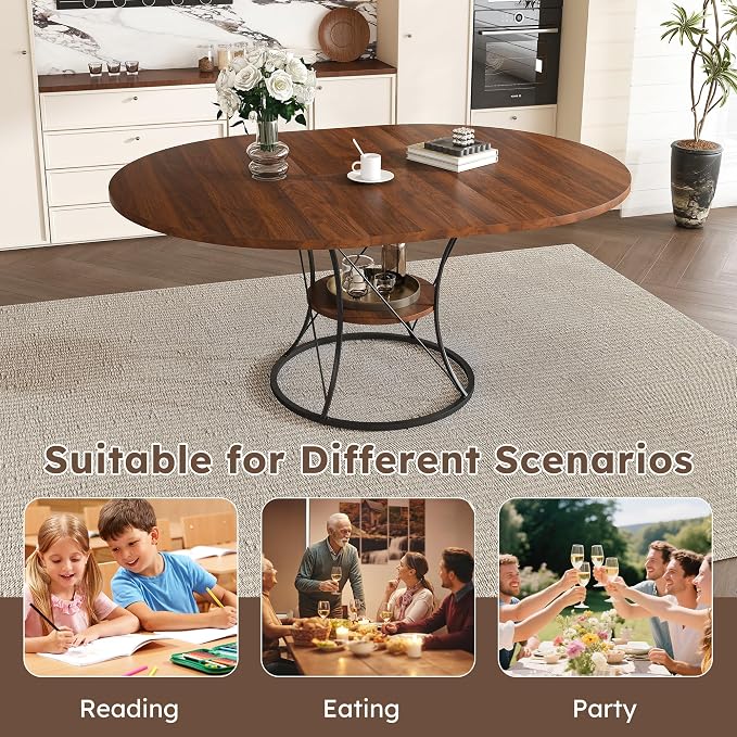 43"-59" Extendable Round Dining Table for 4-6,Mid Century Modern Walnut Wood Grain Table,Expandable Kitchen Table with Storage Shelf for Small Spaces