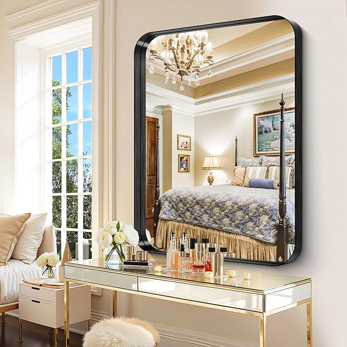 CIRCUMI Black Bathroom Mirror, 36"x48" Rectangular Mirror with Deep Metal Frame, Rounded Corner, Tempered Glass, Large Mirror for Wall, Over 2 Sinks, Installed Vertically/Horizontally, Crystal-Clear