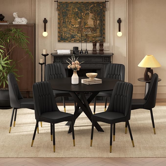 RGZ Mid Century Black Round Dining Table Set for 6, 47" Large Wooden Circle Kitchen Table & 6 Black PU Leather Kitchen Chairs, Dinner Table Set for Home, Apartment, Dining Room