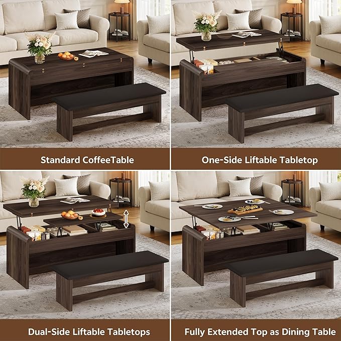 Coffee Table Lift Top, 40'' Multi-Function Coffee Table Set with Bench & Hidden Compartment, Center Table w/Curved Corner, Converts to Home Office Table, Dining Table for Living Room, Walnut