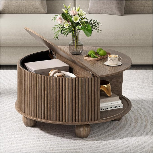 Round Coffee Table with Storage, 31.5" Walnut Fluted Drum Center Table, Mid Century Modern Wood Circle Table with Sliding Door & Bun Feet for Living Room