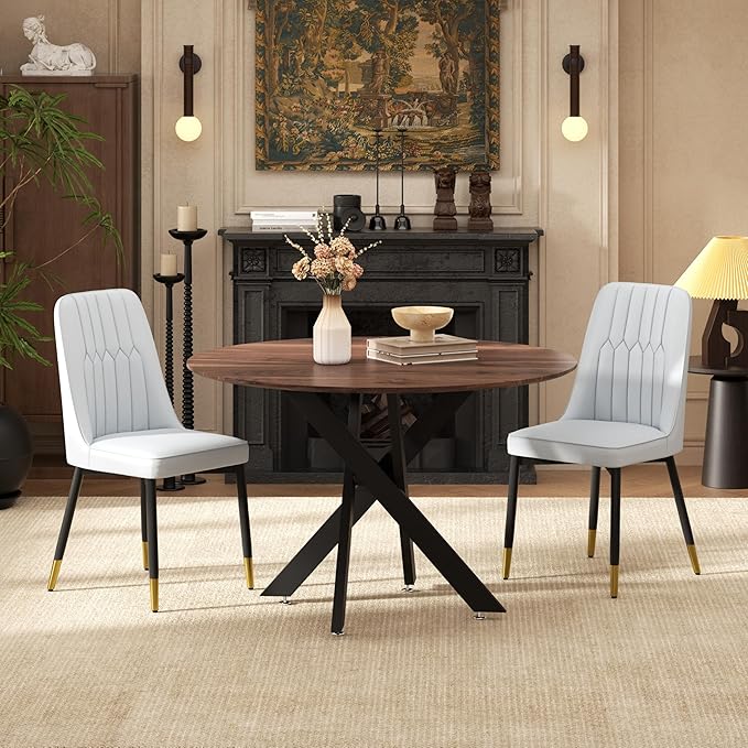 RGZ Mid Century Walnut Round Dining Table Set for 2, 36" Small Wooden Circle Kitchen Table & 2 Light Gray PU Leather Kitchen Chairs, Dinner Table Set for Home, Apartment, Dining Room