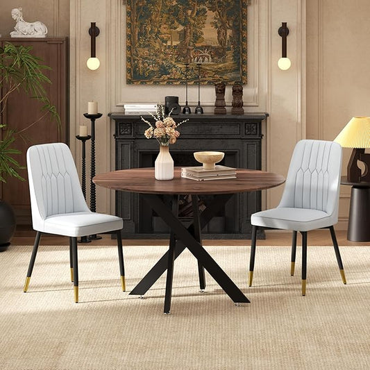 RGZ Mid Century Walnut Round Dining Table Set for 2, 36" Small Wooden Circle Kitchen Table & 2 Light Gray PU Leather Kitchen Chairs, Dinner Table Set for Home, Apartment, Dining Room
