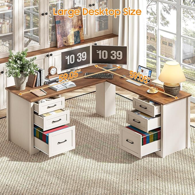 Vabches Farmhouse 59" L-Shaped Executive Desk with 2 File Drawers 4 Storage Drawers, Wood Corner Computer Desk Sturdy Writing Workstation with 6 Drawers, Computer Writing Desk for Home Office，White