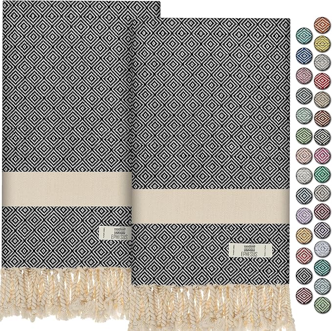 Hand Towels - Set of 2 | 18" x 30" - Decorative Turkish Hand Towel for Bathroom, Kitchen, Guest, Face, Hair, Tea, Dishcloth (Diamond, Black)