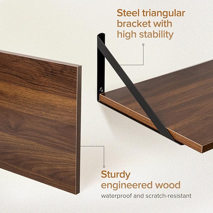Deep Floating Shelves Wall Mounted, 16"x12" Walnut Wall Shelves with Brackets Set of 2 for Bedroom, Living Room, Bathroom, Kitchen, Office - Storage & Display Shelf for Decor, Books, Plants