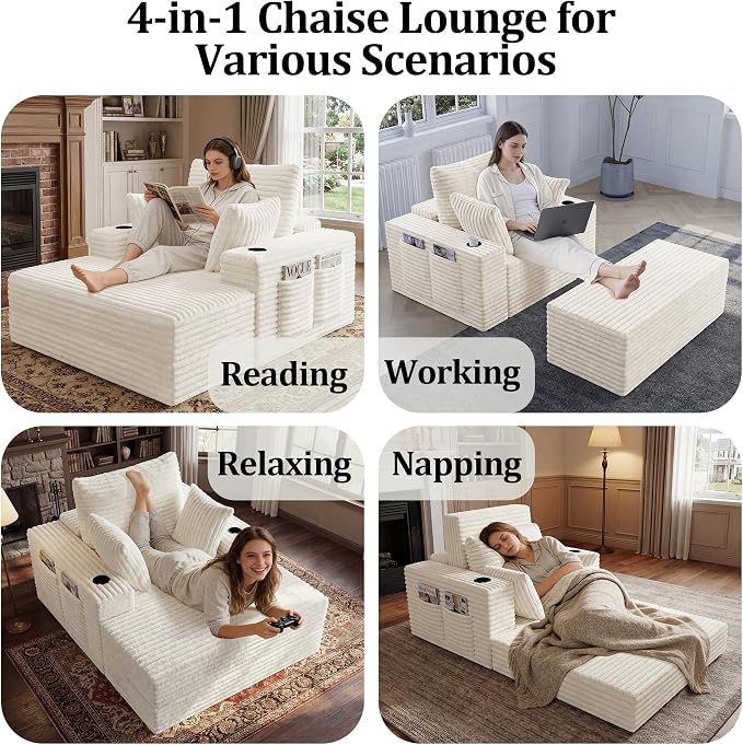 85" Oversized Chaise Lounge Chair Convertible 2-in-1 Boneless Sleeper Couch Bed Indoor Comfy Cloud Corduroy Reading Armchair sofa with Storage Pockets&Cup Holders for Bedroom,Living Room,Beige