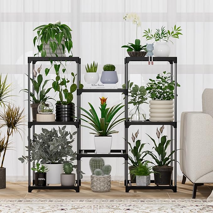 Plant Stand Indoor Outdoor Plant Shelf Stand, 3 Tiers 8 Pots Large Potted Metal Flower Plant Rack for Multiple Plants, Hanging Tall Planter Holder for Patio Balcony Living Room Corner Porch Garden Boho Decor Black