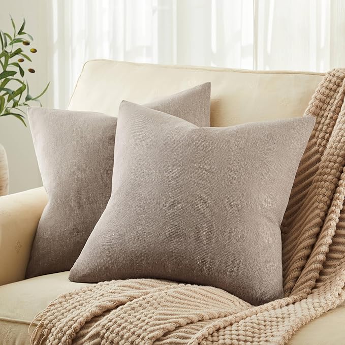 ZeeMart Rustic Cotton Linen Throw Pillow Covers Set of 2, 16x16 Inch Cocoa Brown, Farmhouse Style Decorative Couch Pillow Cases Cushion Covers for Sofa Bed Living Room Home Decor