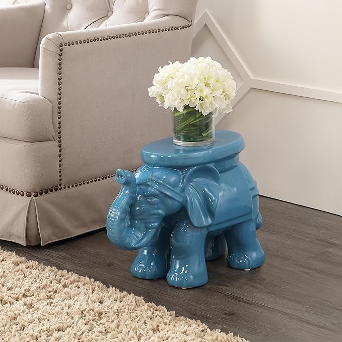 JONATHAN Y TBL1007D White Elephant 14.25" Ceramic Indoor/Outdoor Garden Stool Coastal, Contemporary, Transitional, Patio, Garden Room, Bathroom, Living Room, Blue