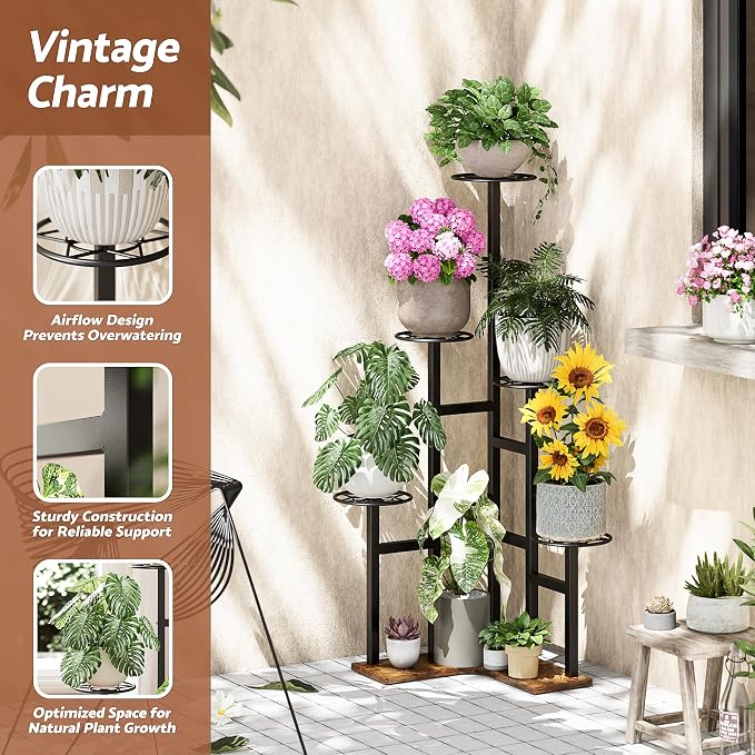 5 Tiered Corner Plant Stand Tall Indoor, Metal Plant Stand Outdoor for Multiple Plants, Flower Pot Holder Shelf Planter for Patio Garden, Living Room, Bedroom, Office - BlackDiamond