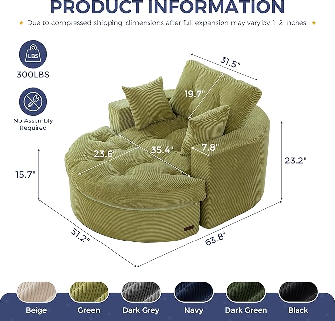 MAXYOYO Oversized Round Chaise Lounge Sofa, Upholstered Lounge Chair with 3 Pillows, Boneless Sofa Couch with Ottoman, Deep Seat Chair for Living Room, No Assembly, Green