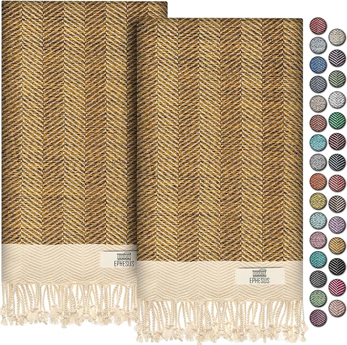 Hand Towels - Set of 2 | 18" x 30" - Decorative Turkish Hand Towel for Bathroom, Kitchen, Guest, Face, Hair, Tea, Dishcloth (Herringbone, Mustard)