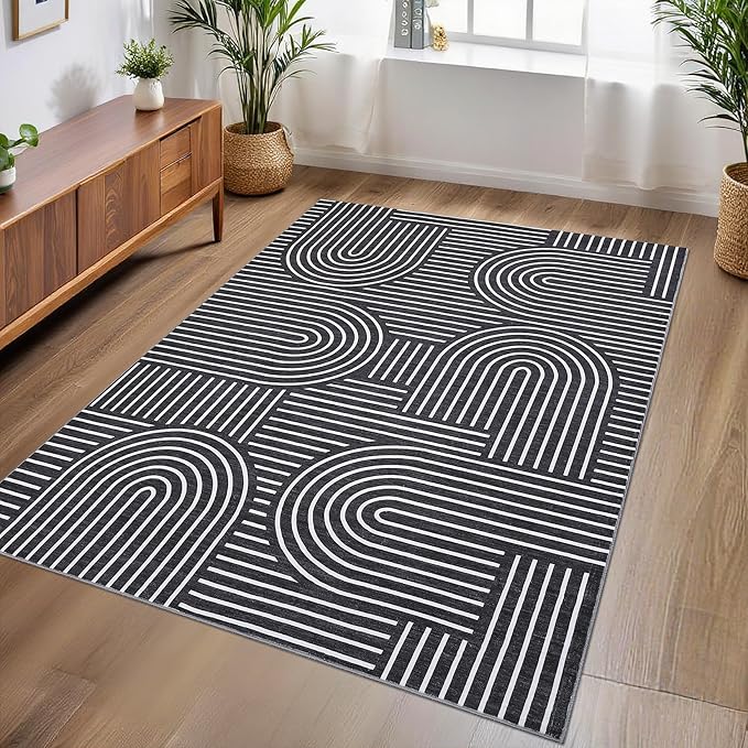 Washable Rug 3x5 Area Rugs for Living Room, Abstract Rug for Bedroom, Soft Rainbow Non Slip Throw Rugs with Rubber Back, Low Pile Stain Resistant Boho Geometric Carpet for Dining Room, Black