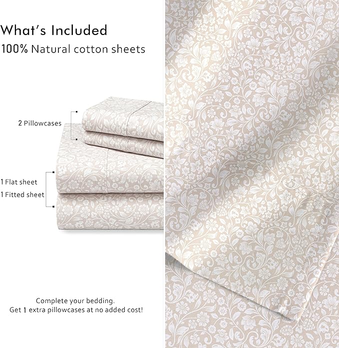 RUVANTI 100% Cotton Percale Sheets Twin Size 4 Piece Set, Cooling Bed Sheets for Hot Sleepers, Deep Pocket 16”, Breathable Lightweight & Durable, Crisp Hotel Style Sheets, Orchid Charm