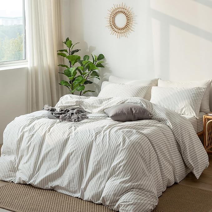 MooMee Striped Duvet Cover Set 100% Washed Cotton Linen Like Textured Breathable Durable Soft Comfy (White Dark Grey Wide Stripes, Oversized Full 82"x86")