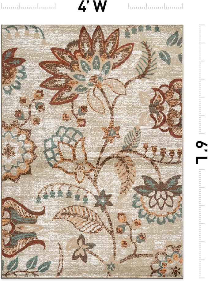 Rugshop Beige Floral Area Rug 4x6- Vintage Botanical Indoor Carpet for Living Room, Bedroom, or Dining Room – Non-Shedding, Soft Low-Pile Traditional Rug 4' x 6'