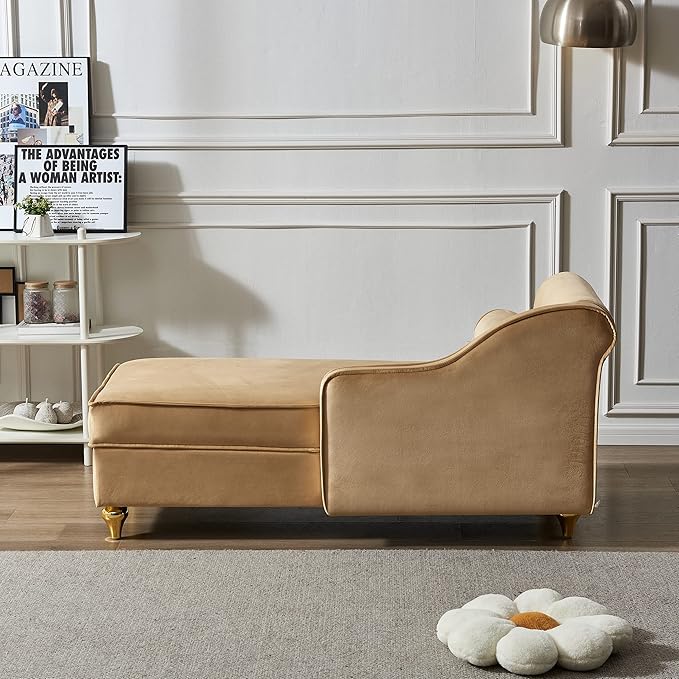60.6''Velvet Chaise Lounge Indoor, Modern Velvet Lounge Chair with Left Armrest & Lumbar Pillow,Button Tufted Lounge Sofa with Storage for Bedroom, Living Room and Office，Khaki