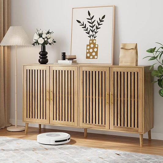Buffet Cabinet with Storage,Sideboard with Grille Doors&Adjustable Shelf, Wood Coffee Bar Storage Cabinet for Kitchen Living Room Entryway (Natural Wood, 63 Inch)