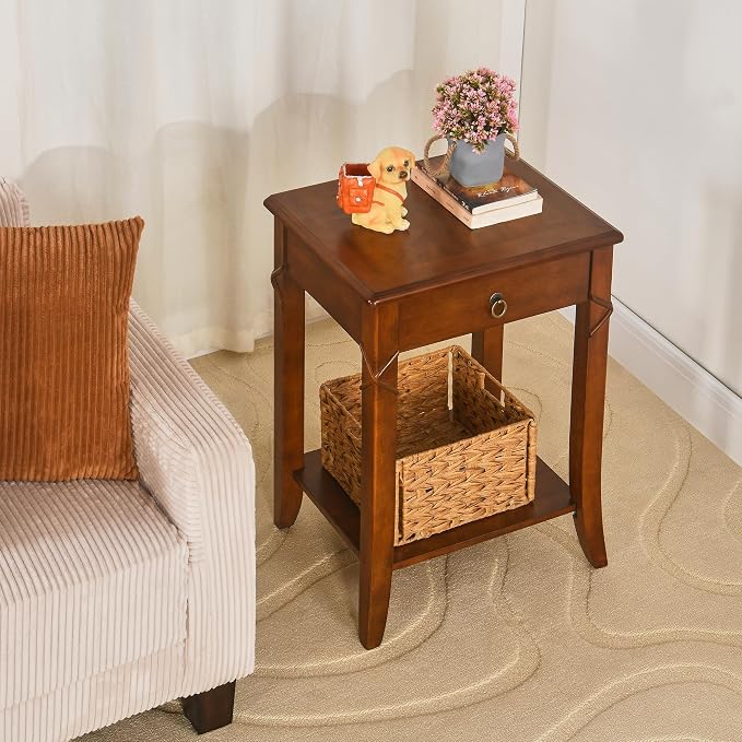 Solid Wood End Table with Drawer, Beside Table, Nightstand, Mid-Century Modern Funiture with Storage Shelf, 19.7" x 15.7" x 27.6" High Living Room Side Table with Wood Frame, Cherry Walnut GBJ-DR200