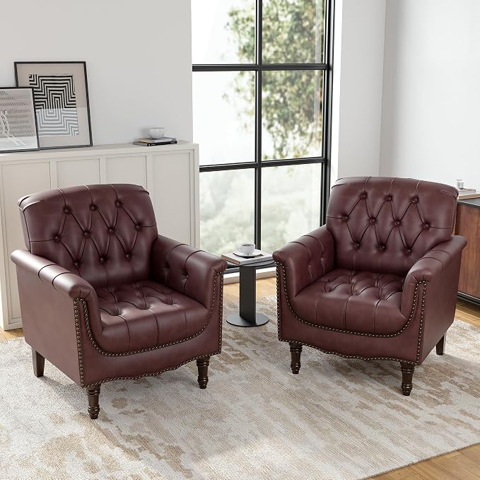 Faux Leather Club Chairs Set of 2, Retro Upholstered Armchair Accent Chair with Solid Wood Legs & Nailhead Trim for Living Room/Reading Room, Dark Red