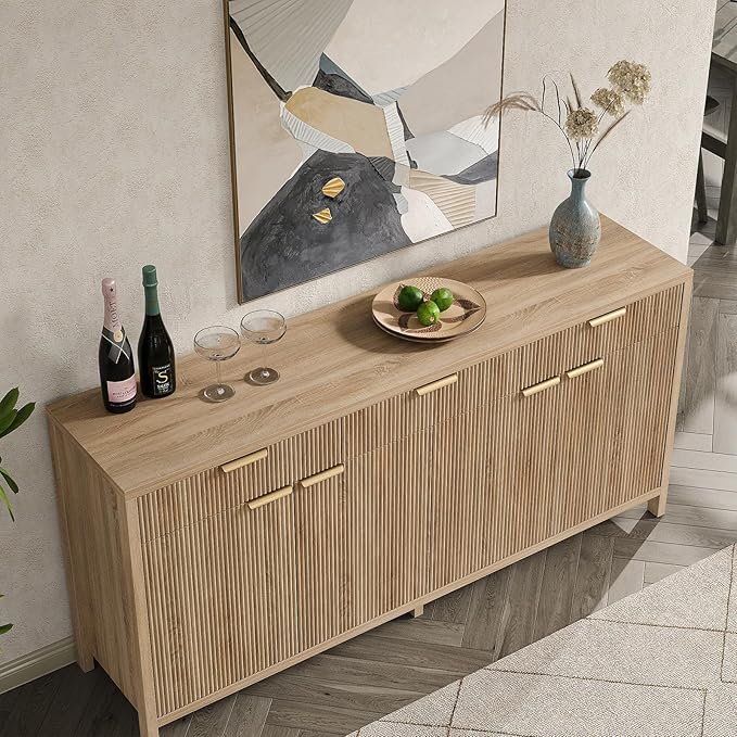 66" W Fluted Buffet Cabinet, Sideboard Storage Cabinet with 3 Drawers & 2 Cabinets, Mid-Century Coffee Bar Table for Living Room, Dinning Room, Natural