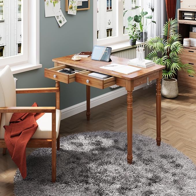 Solid Wood Writing Desk with Drawers - 39.4" Small Wood Vintage Desk, Mid Century Modern Desks, Wooden Computer Desks for Home Office, Traditional Vanity Dressing Table for Bedroom, Walnut